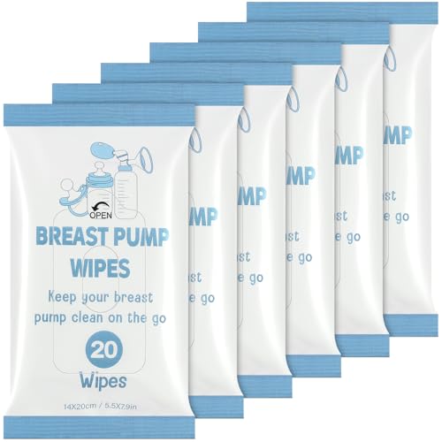 Image of Threlaco 6 Pack 120 Count Breast Pump Wipes Clean and Irritant Free Resealable Convenient Breast Pump Cleaning Wipes Hygienic Breastfeeding Supplies (Blue)