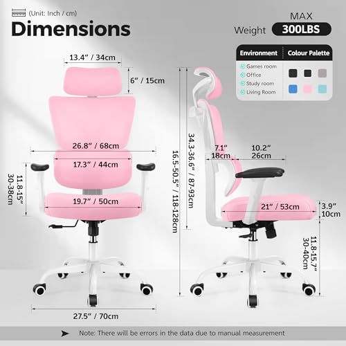 Image of Ergonomic Office Chair High Back Desk Chair with Lumbar Support, Breathable Mesh Computer Chair with Adjustable Armrests Height, Reclining Swivel Big and Tall Gaming Chair for Home Office(Pink)