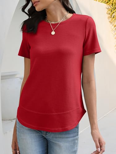 Image of ANRABESS Womens Waffle Knit Tops Short Sleeve Crewneck Shirts Curved Hem Summer Dressy Casual Blouses Spring Fashion Clothing