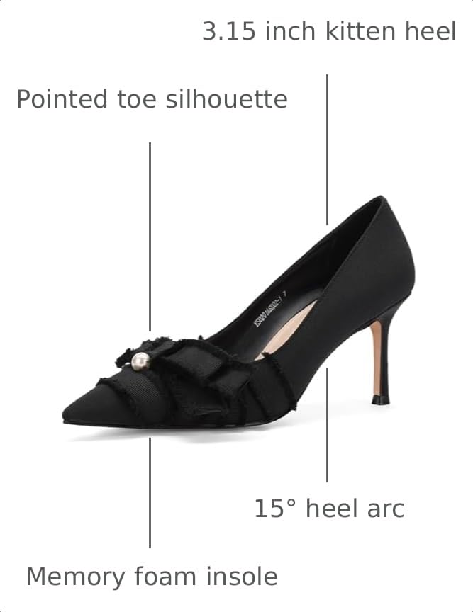 Image of Women's Pointed Toe Heels with Bow Pearl, 3.15 inch Kitten Heels Slip on Stiletto Pumps for Designer Dress Shoes