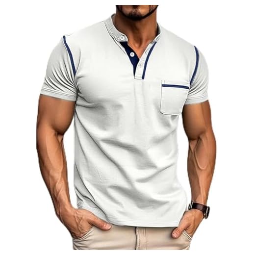 Camisetas masculinas Henley manga curta verão casual clássico camiseta bolso botão camisa, Branco, M