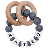 Munchewy Personalized Baby Keepsake Rattles with Name, Customizable Silicone Baby Keepsake Rattle with Natural Organic Beech Wood Rings for Gift (Grey)
