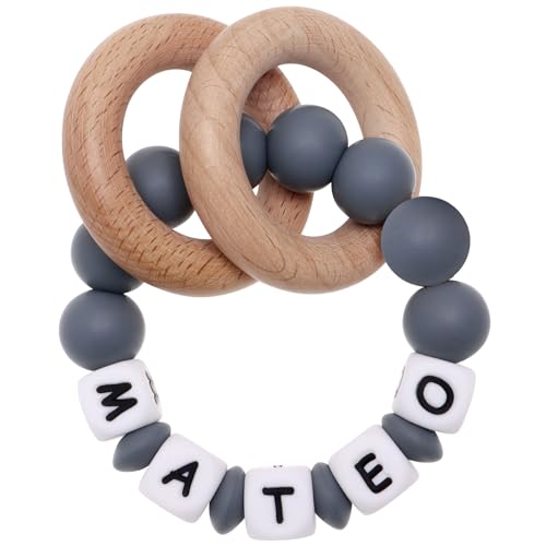 Munchewy Personalized Baby Keepsake Rattles with Name, Customizable Silicone Baby Keepsake Rattle with Natural Organic Beech Wood Rings for Gift (Grey)