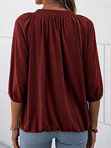 Grlasen Women's Solid Crew Neck T Shirt Blouse Cotton Half Sleeve 3/4 Sleeve Casual Loose Pleated Basic Tops #TOP2