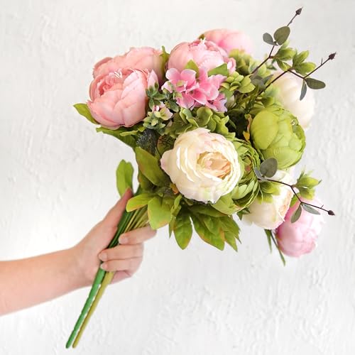 Image of FiveSeasonStuff Artificial Peony Bouquet, Pink, Beige & Green Silk Flowers for Wedding Centerpieces, Bridal Bouquets & Home Decor - Spring Waltz