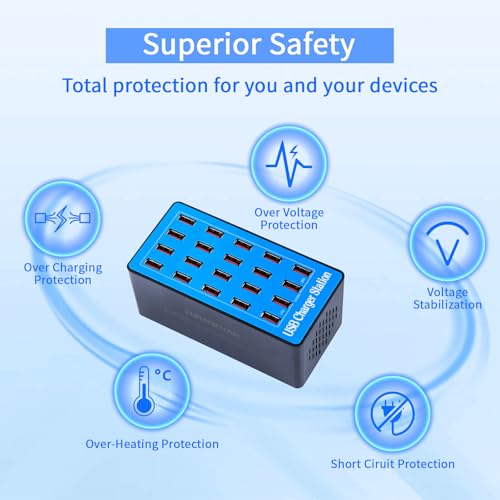 USB Charging Station,100W 20-Port Multi Device Charger with Intelligent Safety Features,Charging Station for Multiple Devices Phone,Watch,Pad,Speakers,Headphones,PS Compact for Home,Office,Travel - Image 5