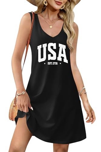 Image of LHBNK 4th of July Dress for Women: American Flag Tank Dresses Star Striped Splicing Loose V Neck Sundresses
