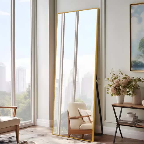Image of NeuType Full Length Rectangular Aluminium Floor Mirror with Standing Holder Bedroom /Locker Room Standing /Hanging Mirror Dressing Wall-Mounted Mirror (Golden)
