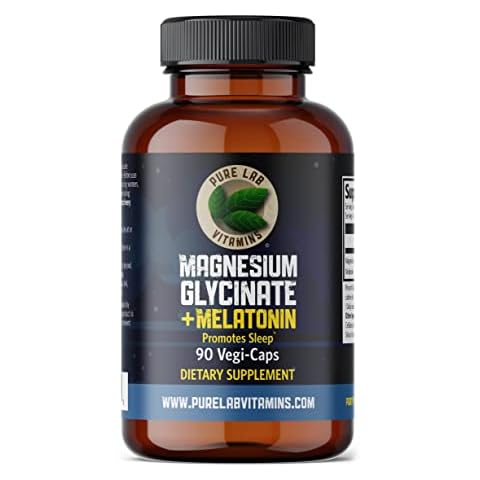 Magnesium Glycinate with Melatonin 3 mg - 90 Vegan Caps by Pure Lab Vitamins - Helps with Jet Lag and Sleep Cycles - Made in Canada Cover