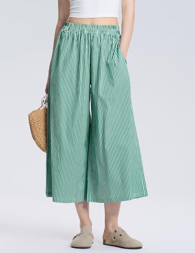 Image of LOMON Womens Wide Leg Capri Pants Gingham Plaid Culottes Summer Elastic Waist Palazzo Trousers Bottoms with Pockets