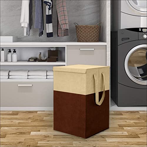 Image of Non Woven Printed Rectangular Foldable Laundry Bag | Lid And Handle Clothes Storage Organiser For Bedroom Dorm Closet Utility Container | 75L Laundry Basket | Beige Brown