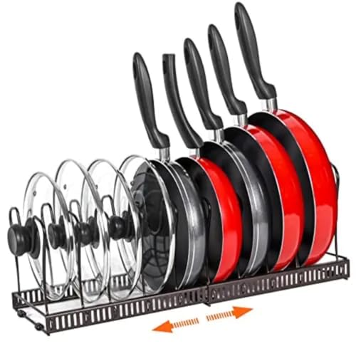 Giasara Estante soporte Organizador de Ollas, Sartenes y Tapas,10 compartimentos organización de Utensilios de Cocina. hecho en hierro, acabado anticorrosivo para mayor durabilidad extensible
