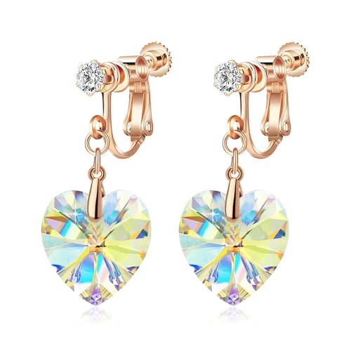 Austrian Crystal Heart Drop Clip On Dangle Earrings for Women Non Pierced 14K Rose Gold Plated Hypoallergenic Jewelry (Aurora Borealis) by EVEVIC - Used condition - US$9.25