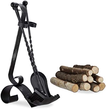 Relaxdays Steel Fireplace Companion Set, 4-Piece Fire Irons with Shovel, Broom and Poker, Antique Look, Black