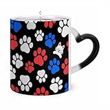 Red Blue White Dogs And Cats Paws Magic Changing Mug 11 Oz Heat Activated Coffee Mug with Ear Shape Handle Designs Funny Ceramic Mugs Personalized Novelty Cups Hot Tea Cups for Men Women Gifts