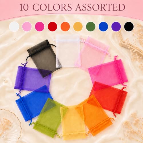 Image of FUNFERY 100PCS Mix Color Organza Bags 4x6 in, Drawstring Pouch for Jewelry | Small Mesh Gift Bag with Drawstring, Little Mesh Goodie Bags for Wedding Party Favor Treats, Sachet Bag for Gifts Shower