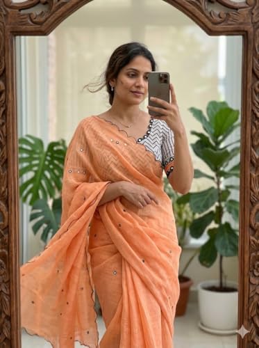 Image of Linen Cotton Saree with Black Mirror Work | New