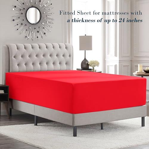 Image of Mocassi Luxury 6-Piece Sheet Set, Ultra Soft 1800 Premium Hotel Quality Microfiber Sheet Set, Fits Mattresses Up to 18 to 24 Inches Extra Deep Pocket - Breathable and Secure Fit, Queen, Red