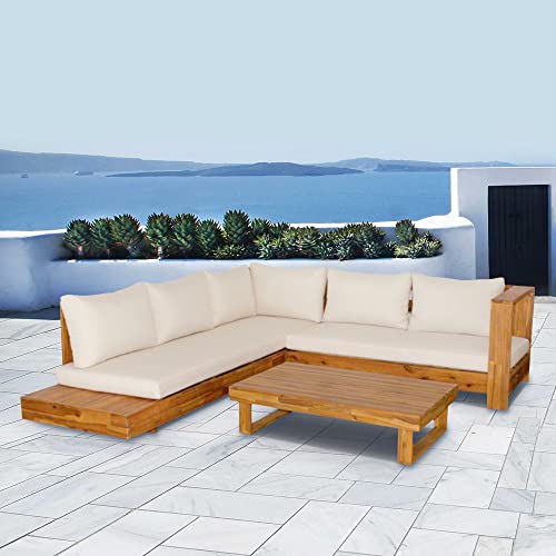 SKYLANTERN Salon de Jardin Fidji en Bois - Beige - 5 Personnes - Salon de Jardin en Bois d'Acacia 100% FSC