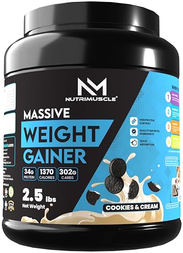 Image of Nutrimuscle Massive Weight Gainer for Men & Women, 2.5 Lbs - Cookies & Cream Flavour | High Calorie Formula with Complex Carbohydrates & Protein for Healthy Weight Gain