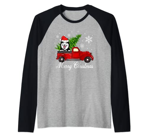 Husky Dog Riding Red Truck - Pijama de Navidad Camiseta Manga Raglan