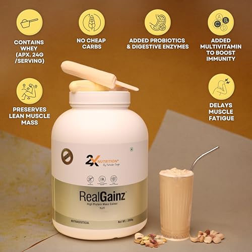 Image of REALGAINZ by 2X Nutrition | High-protein mass gainer | 78g Carbs per serving | High protein (26g) Natural weight gain | Build lean muscle mass | contains digestive enzymes (2Kg, Kulfi)