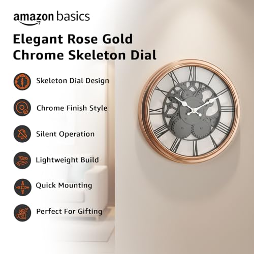 Image of Amazon Basics Plastic Wall Clock with Chrome Finish, Skeleton Dial Design, Lightweight & Durable, 30.5 cm Diameter x 4.3 cm Width, Ideal for Indoor Decor - Rose Gold