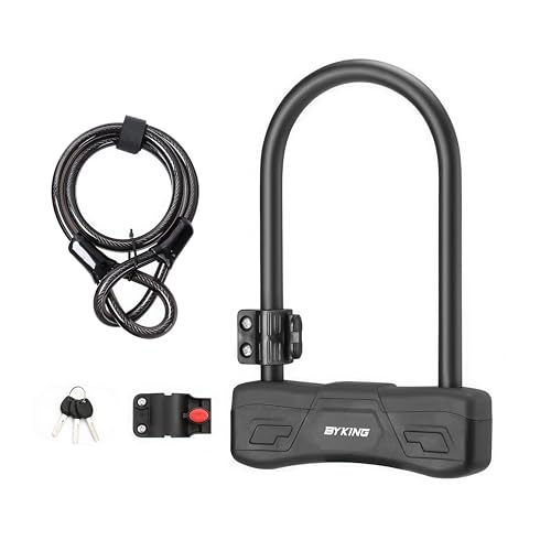 BYKING Bike Lock Heavy Duty Bicycle D Lock with Cable 3 High-Security Keys and 1.2m Steel Cable for Road Electric Folding Mountain Bike and Scooter.