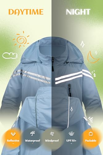 Image of CREATMO US Boys Girls Rain Coat Kids Reflective Cycling Jacket Waterproof Packable Children Windbreaker With Removable Hood
