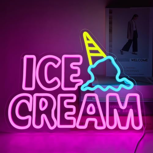 Image of Ice Cream Neon Sign, Neon Signs for Wall Decor, Yellow Blue Pink Light Up Sign Word LED Neon Sign USB Powered Neon Wall Signs for Bedroom Restaurant Cafe Drink Bar Business Ice Cream Shop