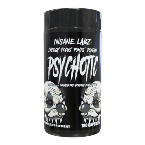 Image of Insane Labz Psychotic Black Edition Mid Stimulant Pre Workout Capsules, Energy Focus Pumps, Loaded with Creatine Beta Alanine Taurine Fueled by AMPiberry, 30 Servings, Unflavored