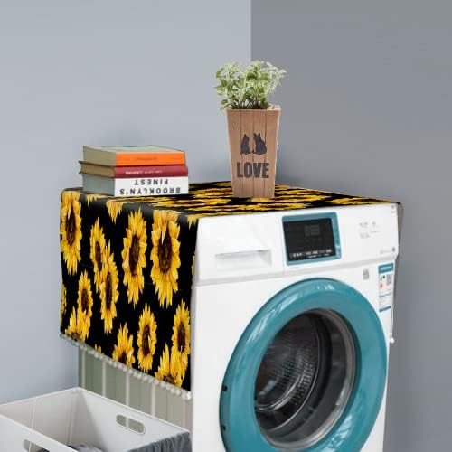 Anti-slip Washer and Dryer Top Covers,Dustproof Washer and Dryer Covers for The Top Fridge Dust Cover With 4 Storage Bags Sunflower Black