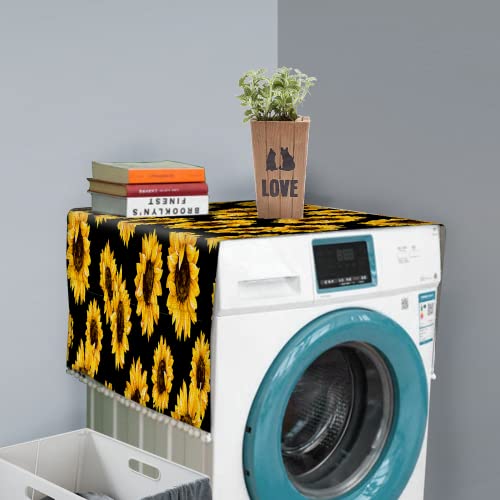 Anti-slip Washer and Dryer Top Covers,Dustproof Washer and Dryer Covers for The Top Fridge Dust Cover With 4 Storage Bags Sunflower Black