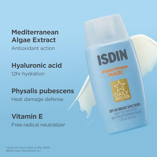 Image of ISDIN Fusion Water MAGIC SPF 40, Lightweight Sunscreen For Face with Hyaluronic Acid and Vitamin E, Ideal for Daily Use, Dermatologist Recommended, Fast Absorbing and Non-Comedogenic