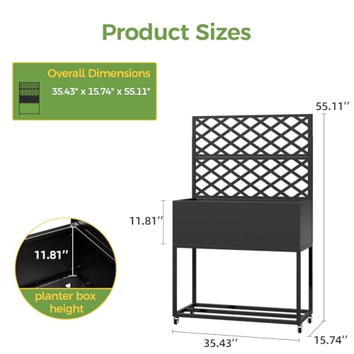 Diyfire Metal Planter Box with Trellis, 55"x35"x16"Metal Raised Garden Bed with Drainage Holes, Raised Garden Beds Outdoor, Privacy Planters Trellis for Climbing Plants, Patio,Garden, Wheels, Black by Diyfire - Used condition - Image 4
