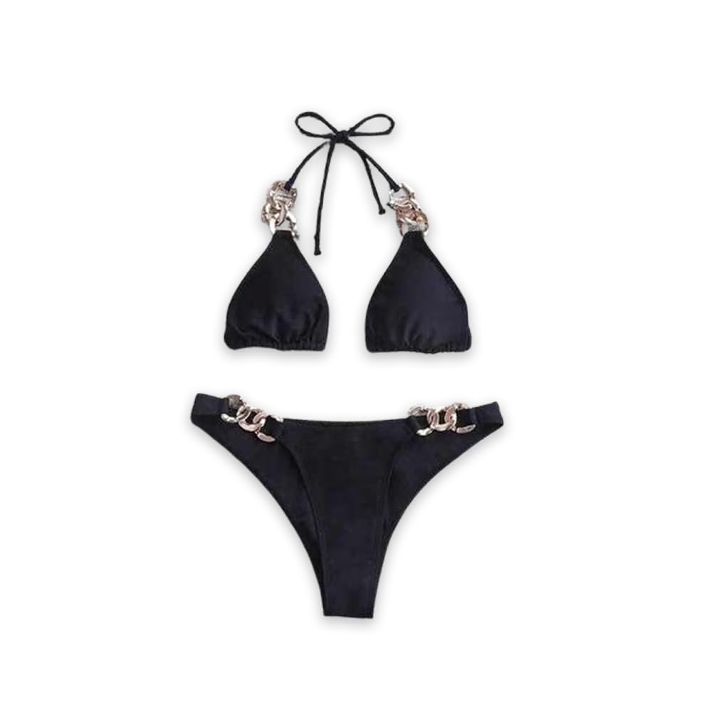 chill pookie Women’s Triangle Bikini Set with Chain Detail | Adjustable Tie-Up Swimwear | Red & Black-picture-10