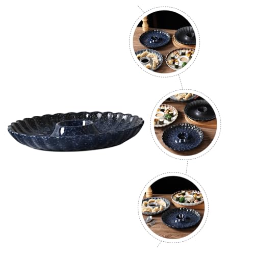 Plato cerámico redondo para sushi con dip azul miniatura 3