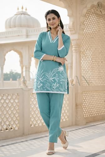 Image of SUNDARTA Women's Rayon Slub Kurta Set | Solid Straight Kurta with Pant | Elegant Ethnic Wear for Office, Casual & Festive Use