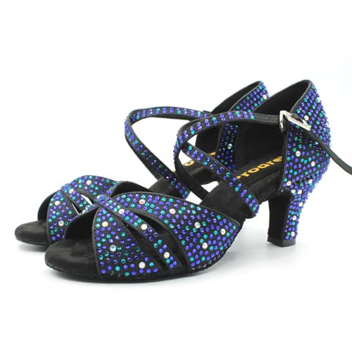 Blue Dance Shoes for Women,Glitter Satin Kitten Heel Salsa Latin Swing Ballroom Shoes with Rhinestones,for Evening/Wedding/Party4