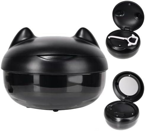 Retainer Case Denture Bath Case Basket Mirror Leak-proof Black Cat