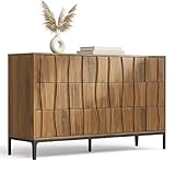 RIHHA Mid-Century Modern 6 Drawer Dresser, 54” Walnut Finish Wave Front Dresser with Push-to-Open Drawers, Handle-Free Bedroom Chest with Black Metal Base for Living Room or Closet