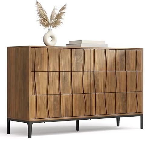 RIHHA Mid-Century Modern 6 Drawer Dresser, 54” Walnut Finish Wave Front Dresser with Push-to-Open Drawers, Handle-Free Bedroom Chest with Black Metal Base for Living Room or Closet