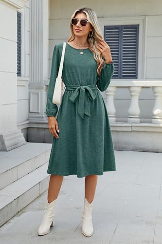 Image of Newshows Womens Long Sleeve Casual Dresses 2025 Business Work Teacher Fall Church Belted A Line Flowy Midi Dress