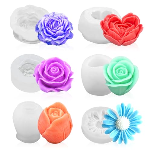 MUXIUNT 6Pcs Rose Flower Candle Resin Mold Silicone Flower Mold for Candle Making Large 3D Heart Rose Tulip Daisy Peony Valentine Mother Day Silicone Candle Mold for Soy Wax Beeswax Resin Craft
