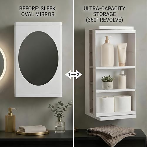 Image of 360 Revolving Bathroom Mirror Cabinet - Wall Mounted Storage Organizer with Hidden Shelves, White, 42x22x15 cm - Ideal for Small Bathrooms, Grooming, Makeup & Shaving (No-Drill Install)