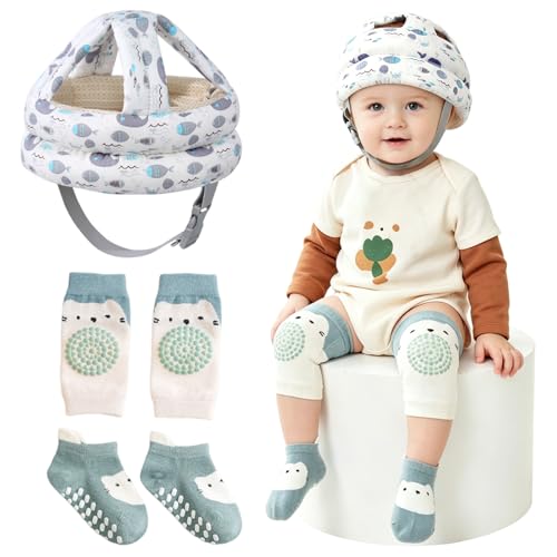 Solivive Casque Bebe Antichoc Protection, Casque Anti Choc pour Bébé(Longueur Réglable),avec Chaussettes Antidérapantes et Genouillères,Protection Tête...