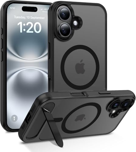 Enflamo Matte Back Cover Case Compatible with Stand Magnatic for iPhone 16 | Ultra Hybrid Camera Bump Protection (Black)- Best and cheap mobile covers in India