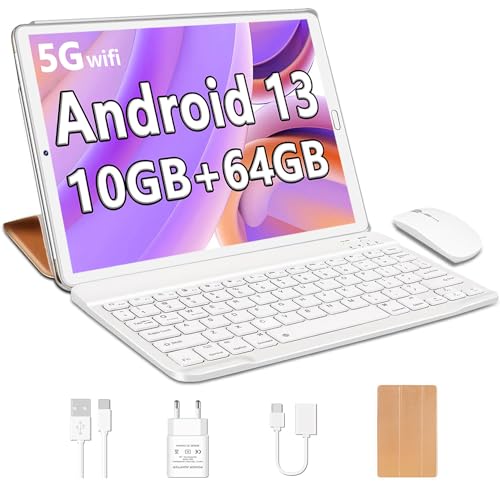 YESTEL Tablet 10.1 Pulgadas Android 13 con 10 GB RAM + 64 GB ROM (1 TB Ampliable), GPS, 5G Wi-Fi, 8 Core CPU, 5MP + 8MP, Bluetooth 5.0, USB-C Tablet con Teclado + Ratón + Funda, Oro Rosa