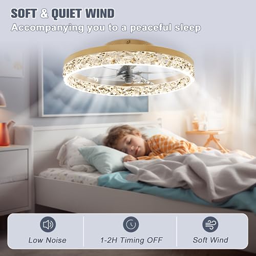 Image of VOLISUN Fandelier Ceiling Fans with Lights and Remote, 19.7in Low Profile Ceiling Fan Flush Mount, 3000K-6500K Dimmable, Modern Ceiling Fans with Lights for Bedroom, Living Room, Kitchen(Gold)