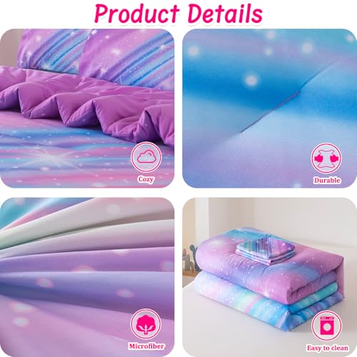 Image of Full Bedding Set for Girls, Glitter Rainbow Comforter Set for Girls, Galaxy Purple Bedding Sets Full Size